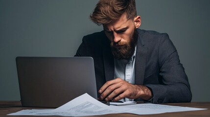 Poster - A business professional reviewing tax documents on a desk surrounded by charts and a laptop to calculate tax submissions