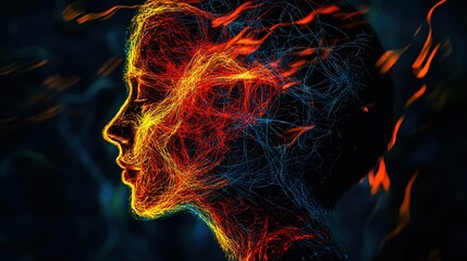 Poster - digital art, human silhouette, neural network, glowing lines, abstract background, creativity, techn