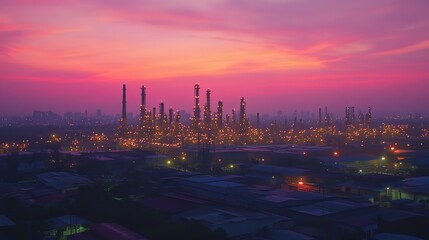 Poster - Beautiful sunset view of oil refinery with lights on in industrial area at dusk for travel and business concept, 8k