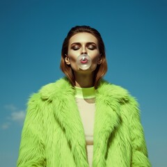 Fashionable young caucasian female blowing bubblegum in vibrant green fur coat