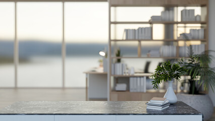 Wall Mural - a close-up of a black marble desk in a modern room features a large bookshelf and window.