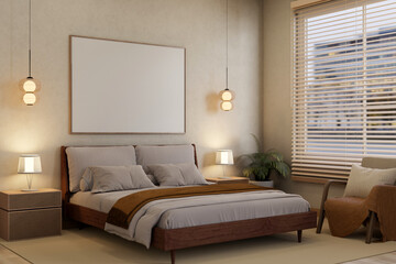 Wall Mural - A comfortable contemporary bedroom featuring a bed with minimalist-colored bedding and stylish decor