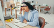 © peopleimages.com - Small business, woman and tired on computer as fashion designer with headache for logistics deadline. Female person, entrepreneur and exhausted with production crisis, backlog and schedule for orders