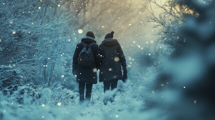 Poster - Couple Walks Through Snowy Winter Wonderland