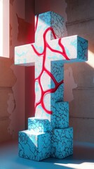 Poster - Abstract cross sculpture with red accents. AI.