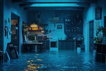 Wall Mural - Flooded kitchen at night. AI.