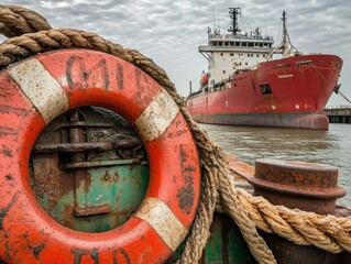 Poster - Rusty life preserver and a large cargo ship. AI.