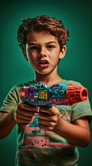 Wall Mural - A young boy plays with a toy gun. AI.