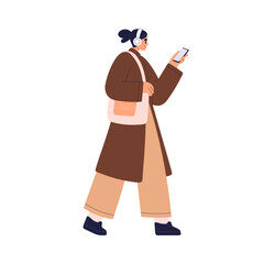 Aufkleber - Woman walking outdoors in headphones, listening to music on smartphone. Young girl going with bag and mobile phone in hand, urban style. Flat vector illustration isolated on white background