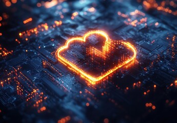 Poster - Abstract representation of cloud technology concept illuminated with glowing neon colors, showcasing complex circuitry patterns and digital connections in a futuristic design.