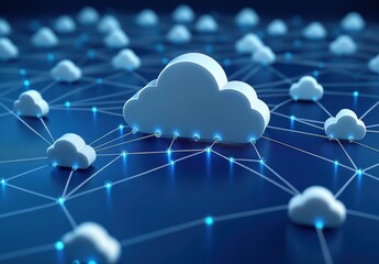 Poster - Abstract representation of cloud computing technology with interconnected clouds and glowing nodes illustrating digital communication network and data connectivity in a virtual space