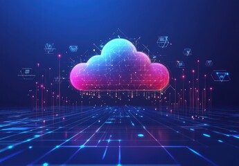 Poster - Colorful and Futuristic Cloud Technology Illustration with Digital Connections and Data Points in a Vibrant and Abstract Style for Technology Concepts