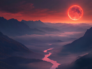 Wall Mural - a dramatic mountain range under a fiery red blood moon, with mist rolling through the valleys and a 