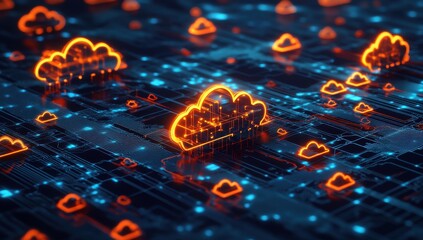 Poster - Futuristic Cloud Computing Concept with Neon Cloud Icons on a Digital Circuit Board, Representing Modern Data Storage and Processing Technologies