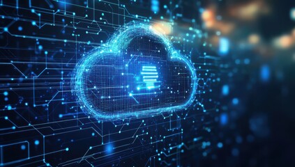 Poster - Futuristic Digital Cloud Icon Representing Data Storage and Transfer with Connected Lines and Circuit Patterns in a High-Tech Environment