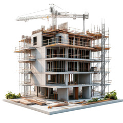 3D rendering of a construction site with a building under construction, on transparent background