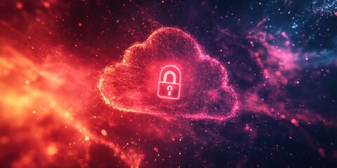 Poster - Futuristic Digital Cloud with Lock Symbolizing Security and Privacy in Data Storage, Highlighting Advanced Technology Concepts in a Cosmic Background