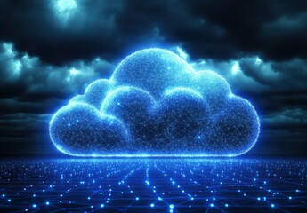 Poster - Futuristic Digital Cloud with Glowing Network Nodes Surrounded by Moody Clouds and a Dark Sky Representing Advanced Technology and Connectivity