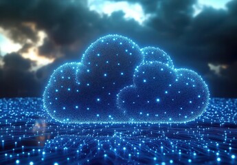 Poster - Futuristic Glowing Cloud Formation with Networks of Light Representing Digital Technology and Connectivity in a Modern Virtual Landscape