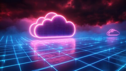 Poster - Futuristic Neon Cloud Over Digital Grid with Atmospheric Effects and Dramatic Sky in the Background
