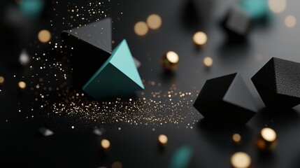 Poster - Geometric shapes and sparkling particles create an abstract composition in a dark setting