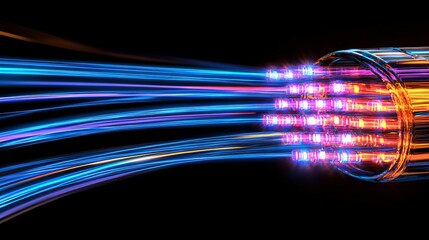 Poster - Abstract representation of fiber optic cables with bright illuminated strands in blue, orange, and purple colors on a black background, conveying speed and technology