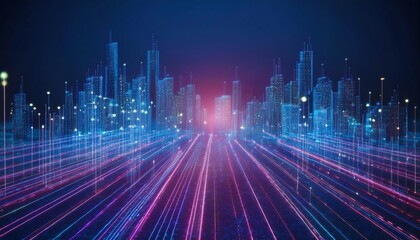 Poster - A futuristic cityscape with vibrant lights and digital elements, conveying a sense of technology and innovation.