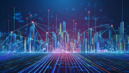 Poster - A futuristic cityscape with glowing skyscrapers and interconnected lines, representing data flow and advanced technology.