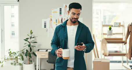 Aufkleber - Coffee, creative and phone with fashion designer man in textile workshop for communication. Drink, social media and text message with style director in office for clothes production or manufacturing