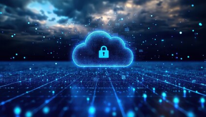Poster - Secure Cloud Computing Concept with Digital Data Network, Lock Symbol, and Futuristic Blue Background Representing Data Protection and Encryption in Technology