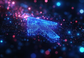 Poster - Vibrant Digital Arrow Cursor Made of Sparkling Dots and Particles Floating in a Cosmic Space, Representing Innovation and Technology Visuals for Modern Creative Projects