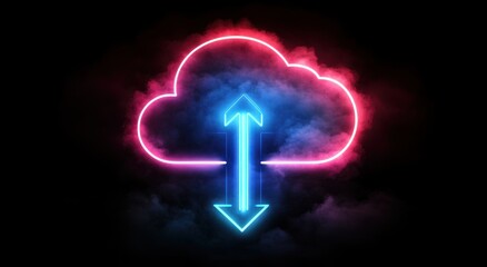 Poster - Vibrant Neon Cloud Symbol with Arrows Indicating Upload and Download Against a Dark Background in Blue and Pink Colors for Digital Concepts