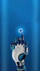 Wall Mural - robotic hand with metallic design touching glowing light on blue background