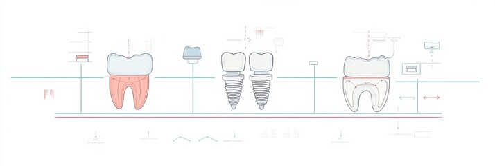 Aufkleber - Illustration depicting the three stages of the dental implant process, highlighting tooth replacement steps with space for additional text. Generative AI