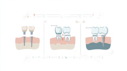 Poster - This illustration portrays the three stages of dental implant placement, showcasing preparation, healing, and final restoration clearly. Generative AI