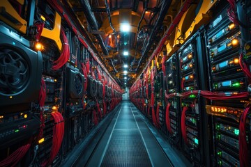 Poster - Intricate server room with glowing red cables. Illustrates data centers, technology, and networking.
