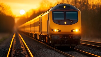Poster - Trains Chugging Through Picturesque Rural Fields Bathed in Warm Golden Sunset Light Creating a Serene and Tranquil Pastoral Scene