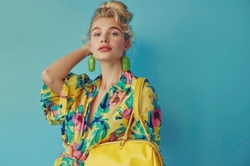 Poster - Confident blonde woman in colorful fashion portrait on blue background.