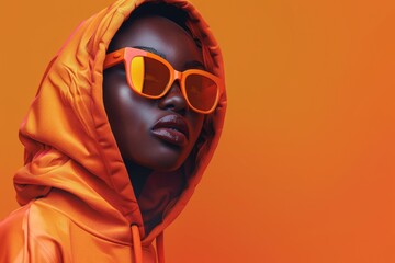 Poster - Fashion portrait of confident woman wearing trendy orange color sunglasses  oversized hoodie