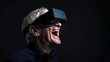 © P - An elderly man wearing opaque virtual reality goggles, with an expression of amazement and wonder