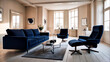 © Ascending Dragon - Dark blue sofa and recliner in a minimalist Scandinavian-style modern apartment interior. Generative AI