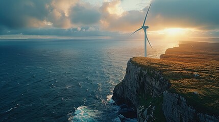 Poster - A wind turbine on a coastal cliff harnessing sustainable energy from the wind.