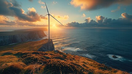 Wall Mural - A wind turbine on a coastal cliff harnessing sustainable energy from the wind.