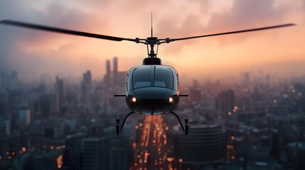 Poster - a news helicopter hovers high above the bustling city capturing aerial footage of the heavy traffic 