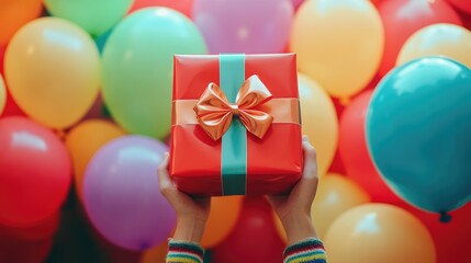 A person holds a red gift box with a bow in front of colorful balloons, suggesting celebration.