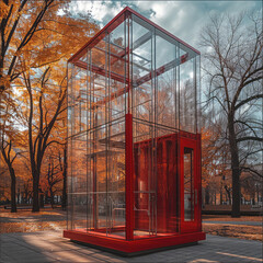 Aufkleber - A big transparent elevator in a park with some red metal frame.