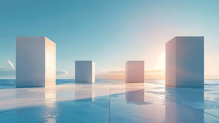 Aufkleber - A minimalist scene of three cube-shaped buildings on the horizon.