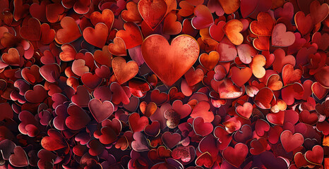Poster - A background with lots of hearts, forming the shape and colors of a heart in red tones. The center is decorated with empty space for text. top view.