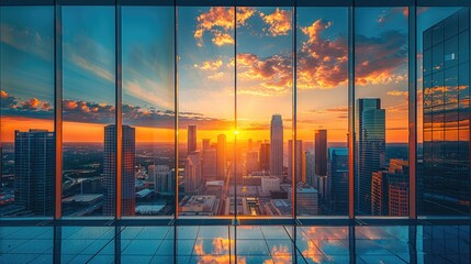Poster - A city skyline reflected in a large glass window during sunset.
