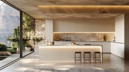 Poster - A modern kitchen in a minimalist contemporary villa on Coast, clean lines. The kitchen features cabinetry made of very light, bleached wood, with large rectangular cabinets and wall-mounted units.
